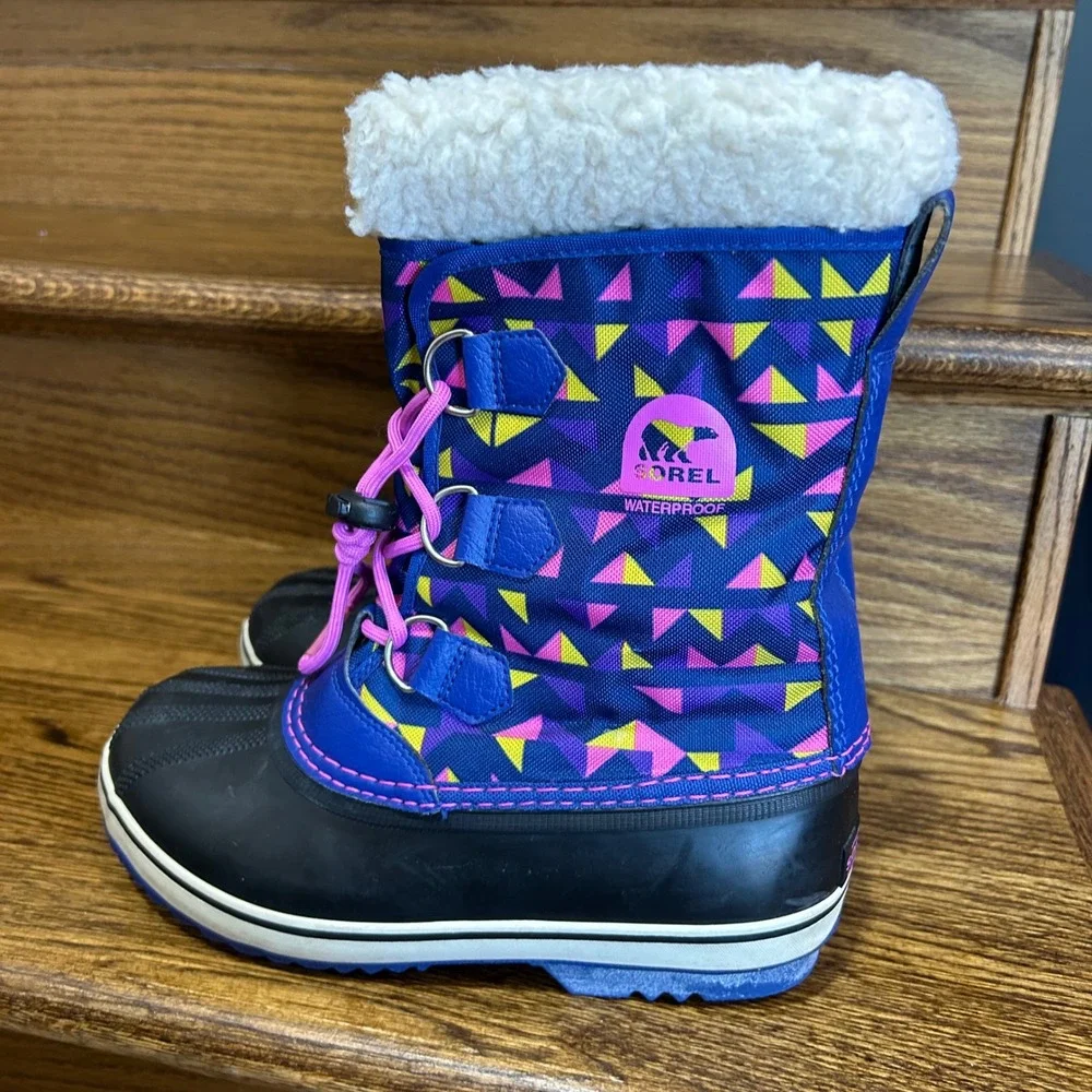 Sorel Winter Snow Boots Kids 5 Blue Pink‎ Waterproof Faux Fur Geometric